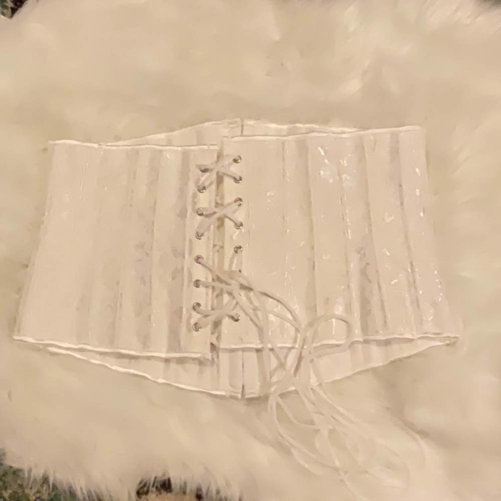 Pure White Brocade Waist Cinching Lace Up Corset - Picture 3 of 5